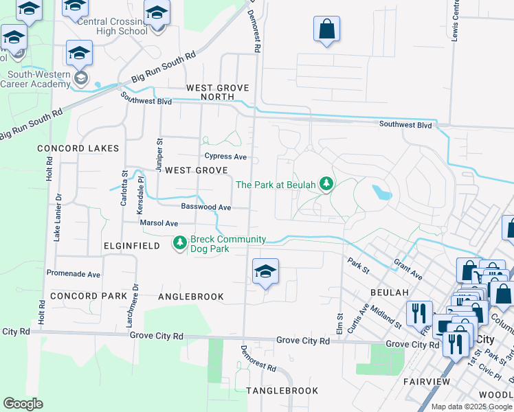 map of restaurants, bars, coffee shops, grocery stores, and more near 2848 Demorest Road in Grove City