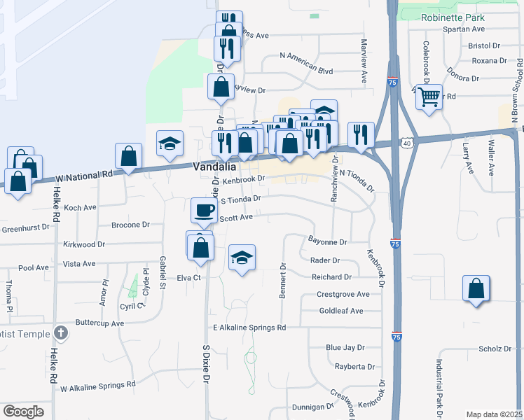 map of restaurants, bars, coffee shops, grocery stores, and more near 127 Scott Avenue in Vandalia