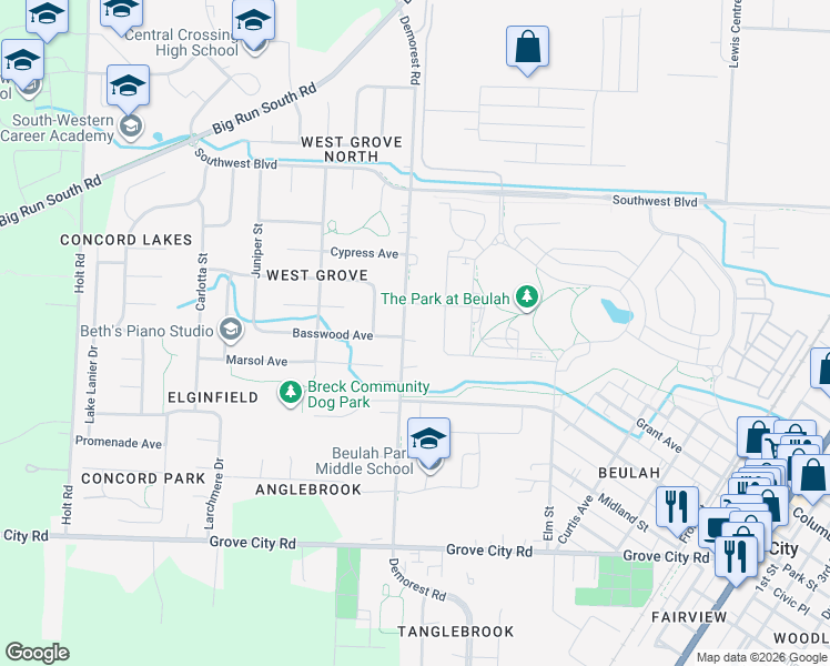 map of restaurants, bars, coffee shops, grocery stores, and more near 2848 Demorest Road in Grove City