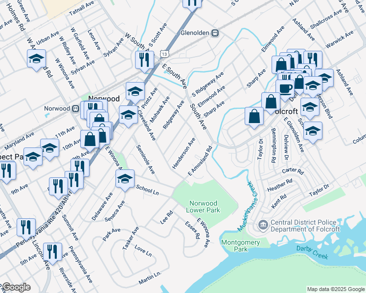 map of restaurants, bars, coffee shops, grocery stores, and more near 119 Henderson Avenue in Norwood