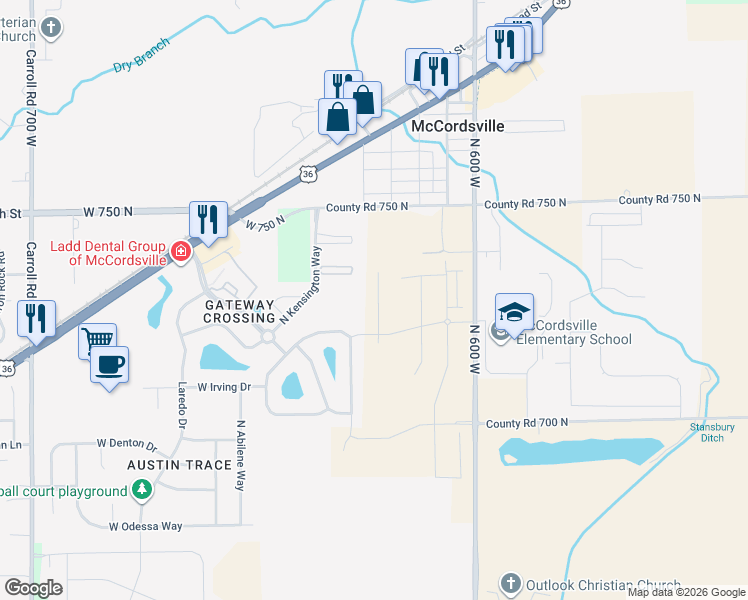 map of restaurants, bars, coffee shops, grocery stores, and more near 6105 West 750 North in McCordsville