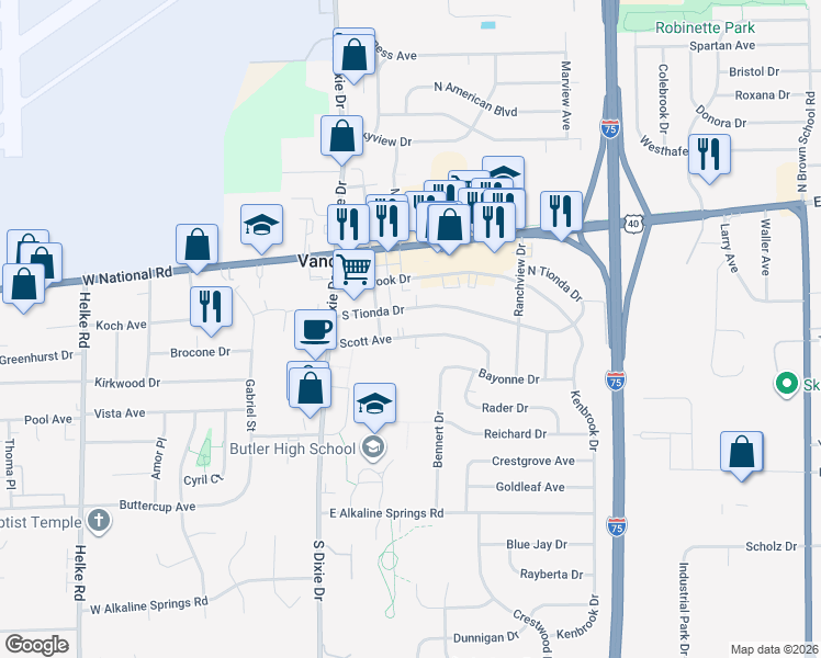 map of restaurants, bars, coffee shops, grocery stores, and more near 110 Scott Avenue in Vandalia