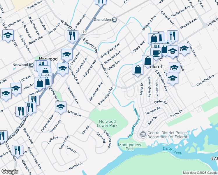 map of restaurants, bars, coffee shops, grocery stores, and more near 3 East Amosland Road in Norwood