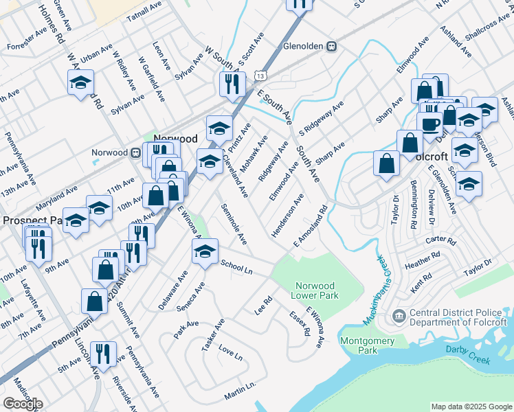 map of restaurants, bars, coffee shops, grocery stores, and more near 156 Elmwood Avenue in Norwood