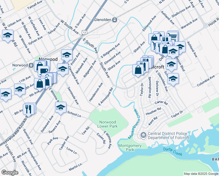 map of restaurants, bars, coffee shops, grocery stores, and more near 3 East Amosland Road in Norwood