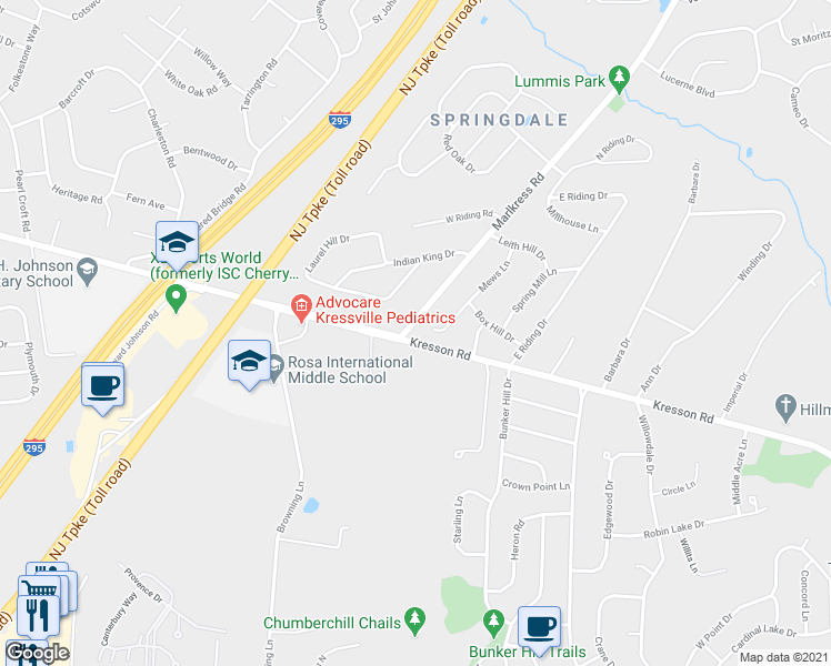 map of restaurants, bars, coffee shops, grocery stores, and more near 806 Kresson Road in Cherry Hill