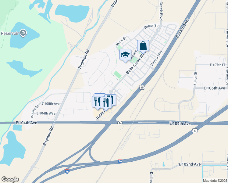 map of restaurants, bars, coffee shops, grocery stores, and more near 9644 East 105th Avenue in Henderson