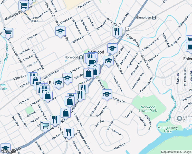 map of restaurants, bars, coffee shops, grocery stores, and more near 522 Chester Pike in Norwood