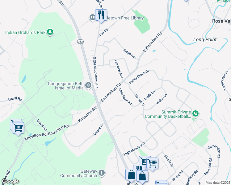 map of restaurants, bars, coffee shops, grocery stores, and more near 34 East Knowlton Road in Media