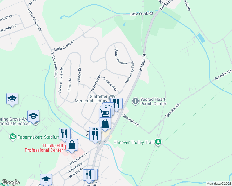 map of restaurants, bars, coffee shops, grocery stores, and more near 504 Monocacy Trail in Spring Grove