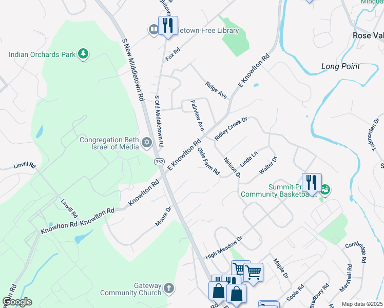 map of restaurants, bars, coffee shops, grocery stores, and more near 34 East Knowlton Road in Media