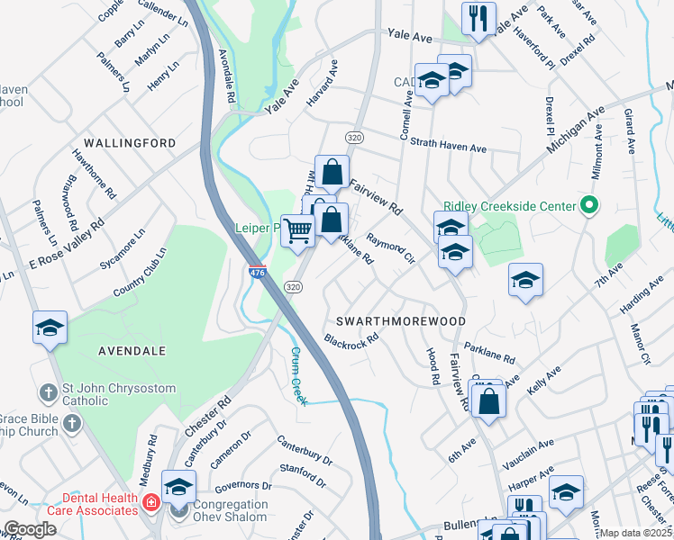 map of restaurants, bars, coffee shops, grocery stores, and more near 1616 Blackrock Road in Swarthmore