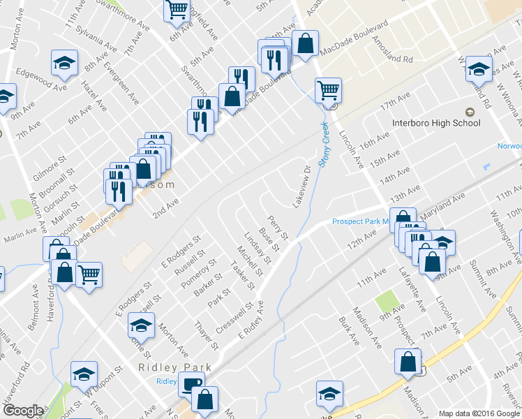 map of restaurants, bars, coffee shops, grocery stores, and more near 508 Perry Street in Ridley Park