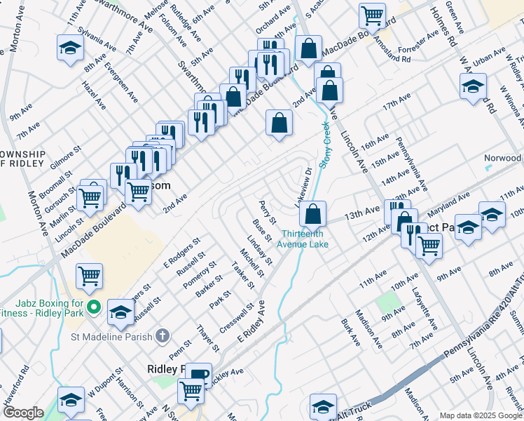 map of restaurants, bars, coffee shops, grocery stores, and more near 508 Perry Street in Ridley Park