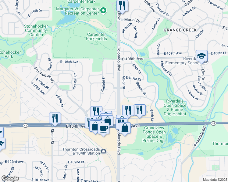 map of restaurants, bars, coffee shops, grocery stores, and more near East 106th Avenue in Denver
