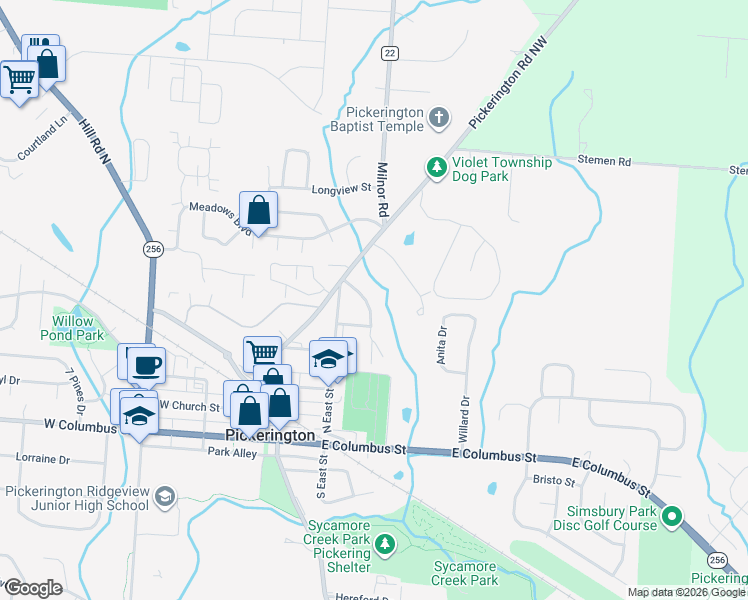 map of restaurants, bars, coffee shops, grocery stores, and more near 204 Lakeview Drive in Pickerington