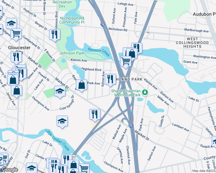 map of restaurants, bars, coffee shops, grocery stores, and more near 307 Orlando Avenue in Gloucester City