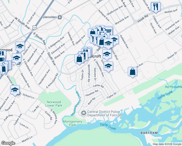 map of restaurants, bars, coffee shops, grocery stores, and more near 778 Bennington Road in Folcroft