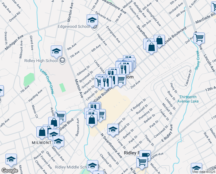 map of restaurants, bars, coffee shops, grocery stores, and more near 241 MacDade Boulevard in Folsom