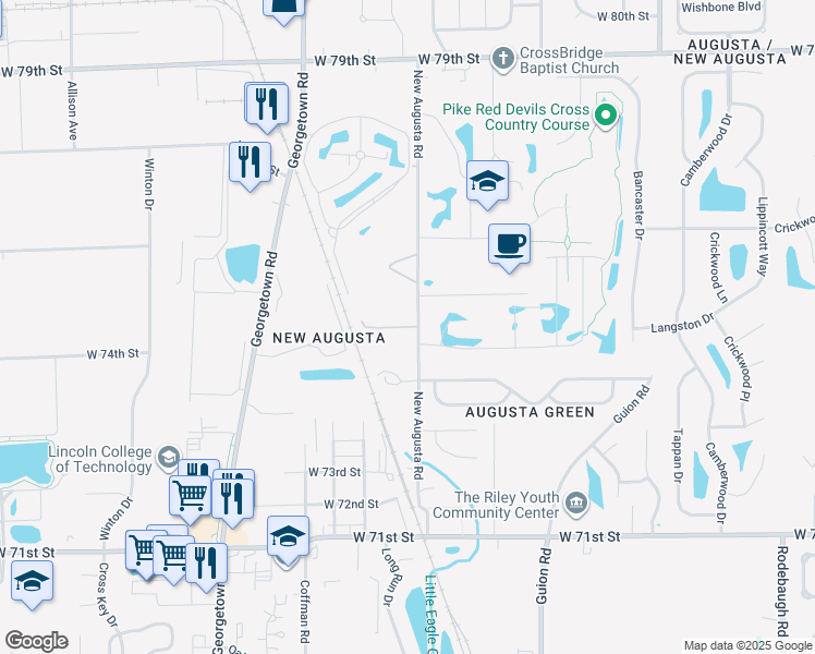 map of restaurants, bars, coffee shops, grocery stores, and more near 7430 New Augusta Road in Indianapolis