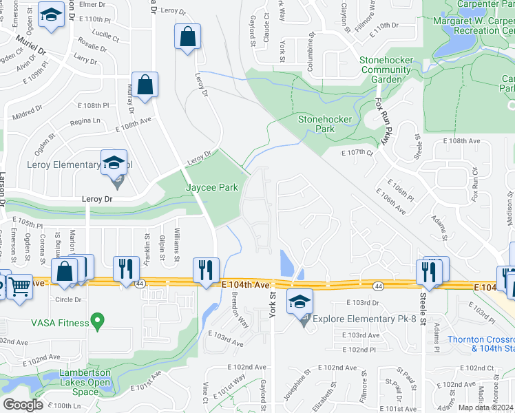 map of restaurants, bars, coffee shops, grocery stores, and more near 10500 Irma Drive in Northglenn