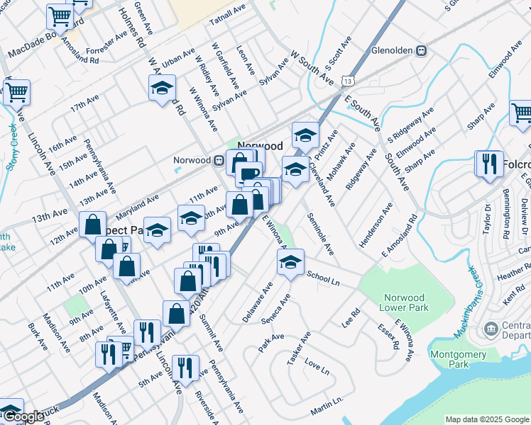 map of restaurants, bars, coffee shops, grocery stores, and more near 522 Chester Pike in Norwood