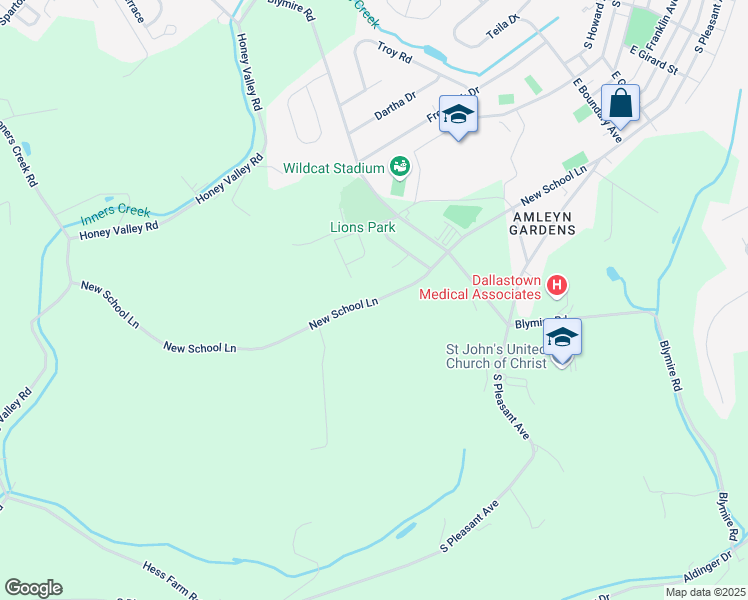 map of restaurants, bars, coffee shops, grocery stores, and more near 855 New School Lane in Dallastown