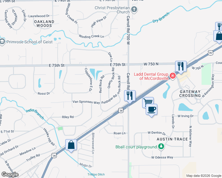 map of restaurants, bars, coffee shops, grocery stores, and more near 7314 Quartz Rock Road in Indianapolis