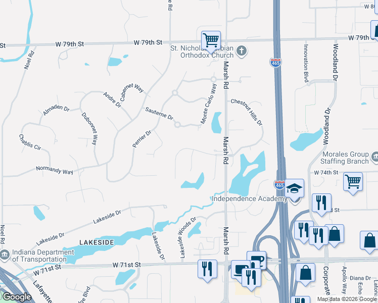 map of restaurants, bars, coffee shops, grocery stores, and more near 7446 Irick Court in Indianapolis