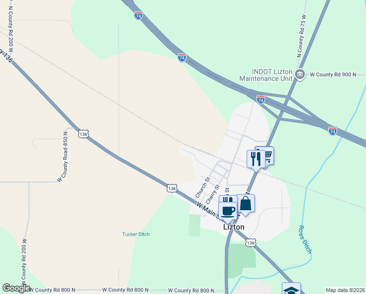 map of restaurants, bars, coffee shops, grocery stores, and more near 607 Kody Drive in Lizton