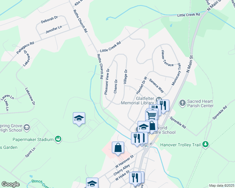 map of restaurants, bars, coffee shops, grocery stores, and more near 1385 Chami Drive in Spring Grove