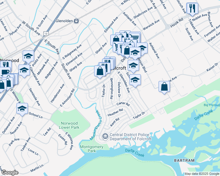 map of restaurants, bars, coffee shops, grocery stores, and more near 754 Bennington Road in Folcroft