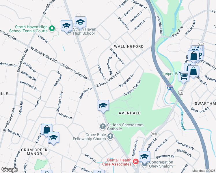 map of restaurants, bars, coffee shops, grocery stores, and more near West Country Club Lane in Nether Providence Township