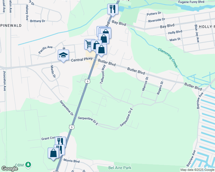 map of restaurants, bars, coffee shops, grocery stores, and more near 18 Butler Boulevard in Ocean County