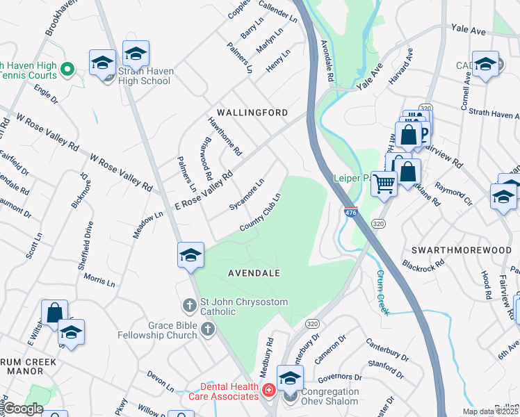 map of restaurants, bars, coffee shops, grocery stores, and more near West Country Club Lane in Nether Providence Township