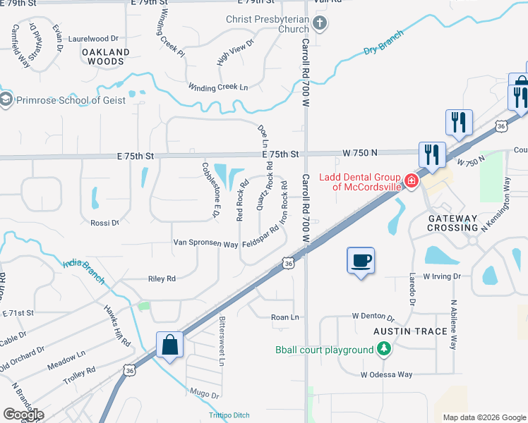 map of restaurants, bars, coffee shops, grocery stores, and more near 7314 Quartz Rock Road in Indianapolis