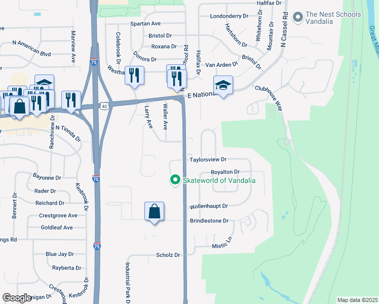 map of restaurants, bars, coffee shops, grocery stores, and more near 126 South Brown School Road in Vandalia