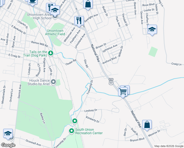 map of restaurants, bars, coffee shops, grocery stores, and more near in East Uniontown