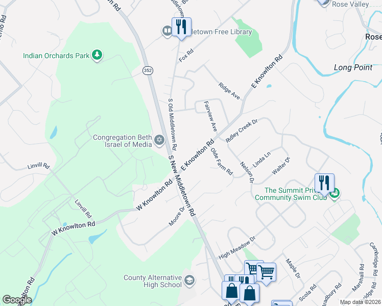 map of restaurants, bars, coffee shops, grocery stores, and more near 19 East Knowlton Road in Media