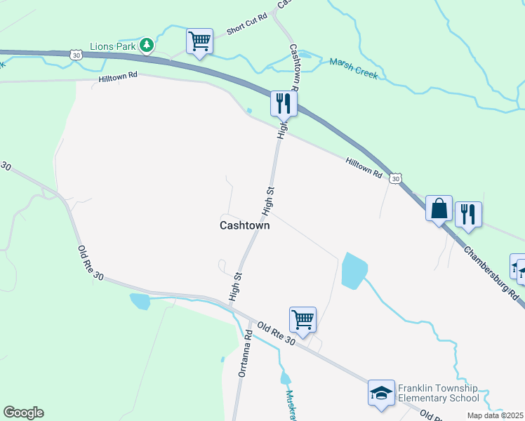 map of restaurants, bars, coffee shops, grocery stores, and more near 231 High Street in Orrtanna