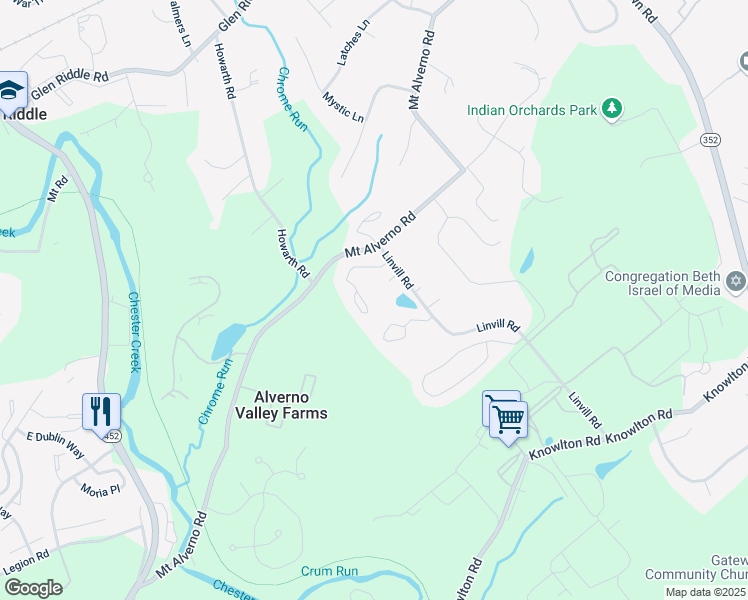 map of restaurants, bars, coffee shops, grocery stores, and more near 30 Abel Place in Media