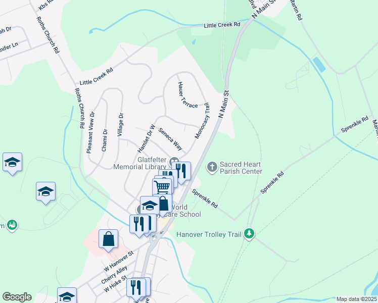 map of restaurants, bars, coffee shops, grocery stores, and more near Monocacy Trail in Spring Grove