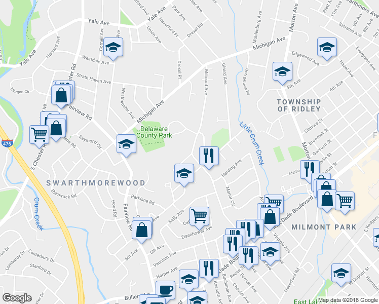 map of restaurants, bars, coffee shops, grocery stores, and more near 729 Milmont Avenue in Swarthmore