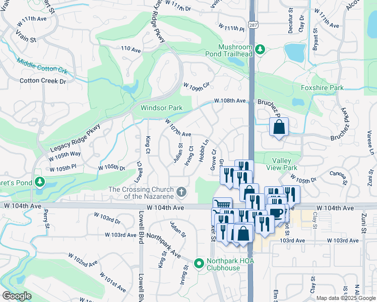 map of restaurants, bars, coffee shops, grocery stores, and more near 10656 Irving Court in Westminster