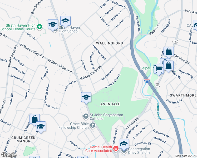 map of restaurants, bars, coffee shops, grocery stores, and more near 105 Sycamore Lane in Delaware County