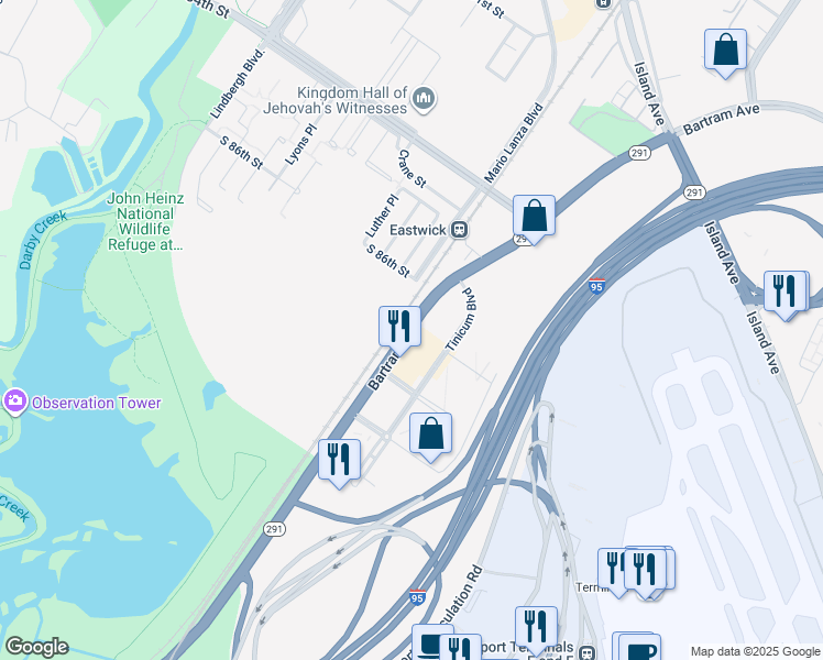 map of restaurants, bars, coffee shops, grocery stores, and more near 8900 Bartram Avenue in Philadelphia
