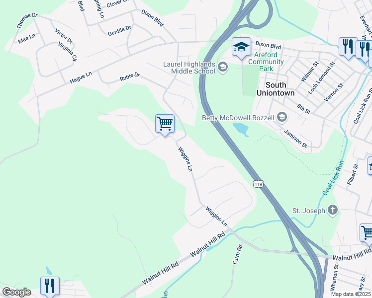 map of restaurants, bars, coffee shops, grocery stores, and more near 100 Wiggins Lane in Uniontown