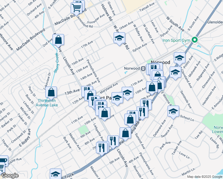 map of restaurants, bars, coffee shops, grocery stores, and more near 614 Maryland Avenue in Prospect Park