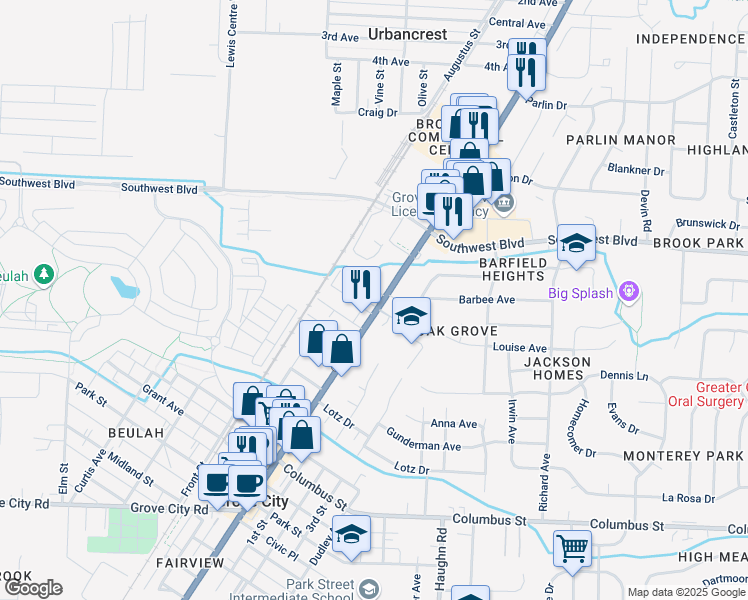 map of restaurants, bars, coffee shops, grocery stores, and more near 3659 Broadway in Grove City