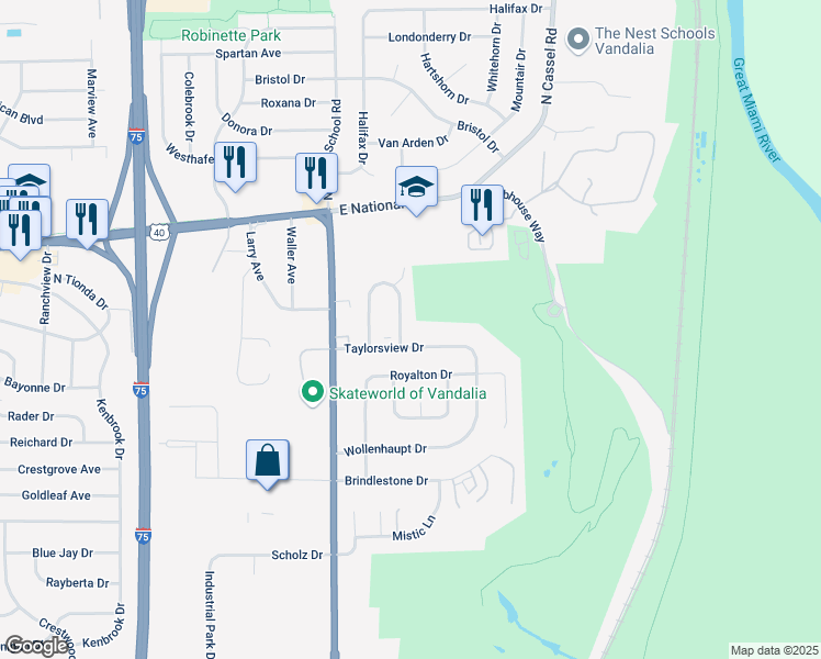 map of restaurants, bars, coffee shops, grocery stores, and more near 94 East Van Lake Drive in Vandalia